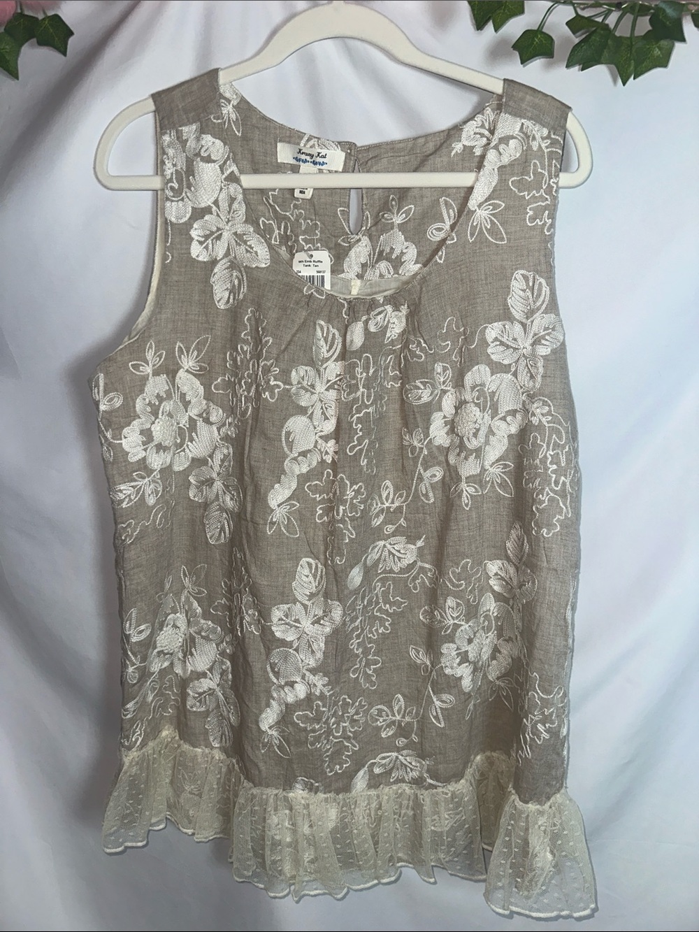 krazy kat Tan cotton Blend Sleeveless Top with cream Floral Embroidery